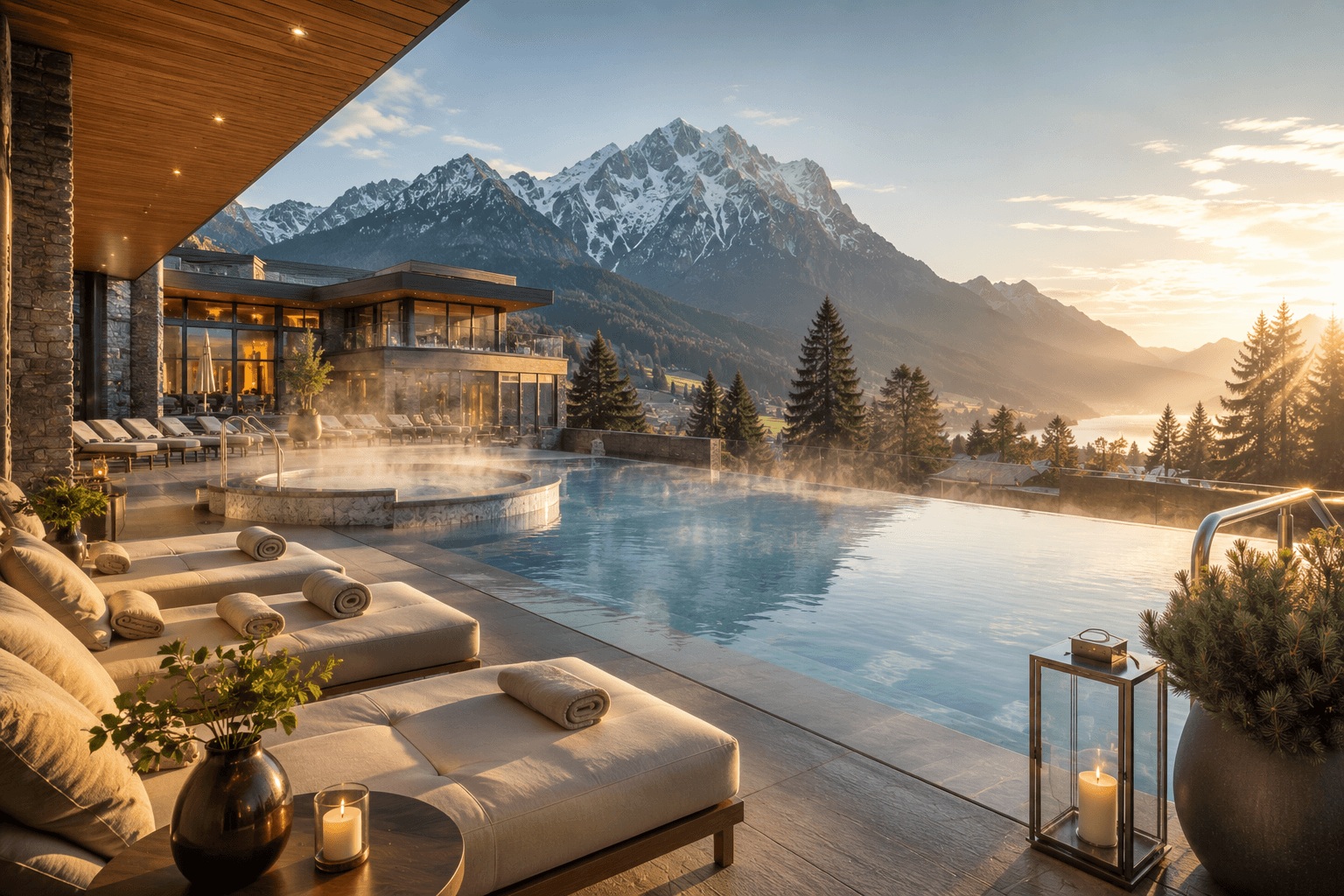 Luxuriöses Wellnesshotel mit Infinity Pool und Alpenpanorama bei Sonnenuntergang