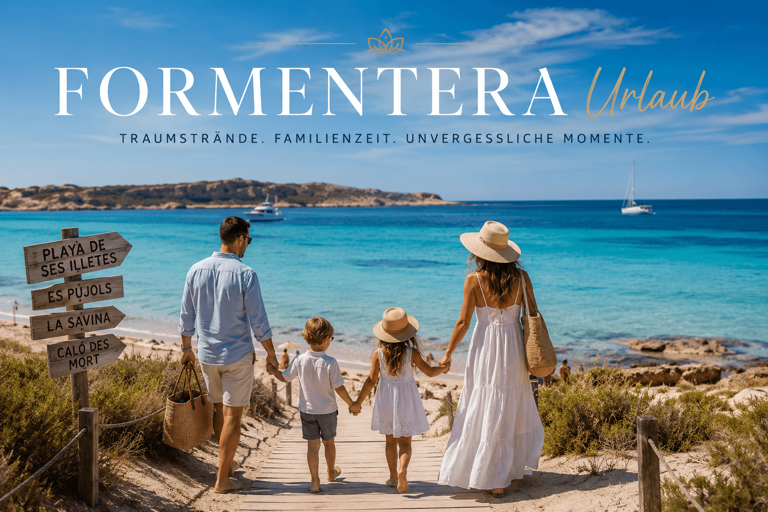 Familie am Strand von Formentera mit türkisfarbenem Meer und mediterraner Urlaubskulisse