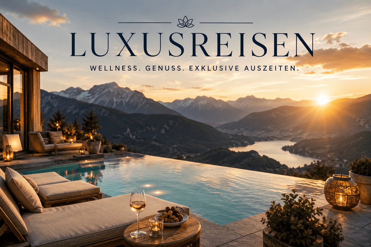 Luxusreisen mit Wellnesshotel, Infinity Pool und Alpenpanorama bei Sonnenuntergang