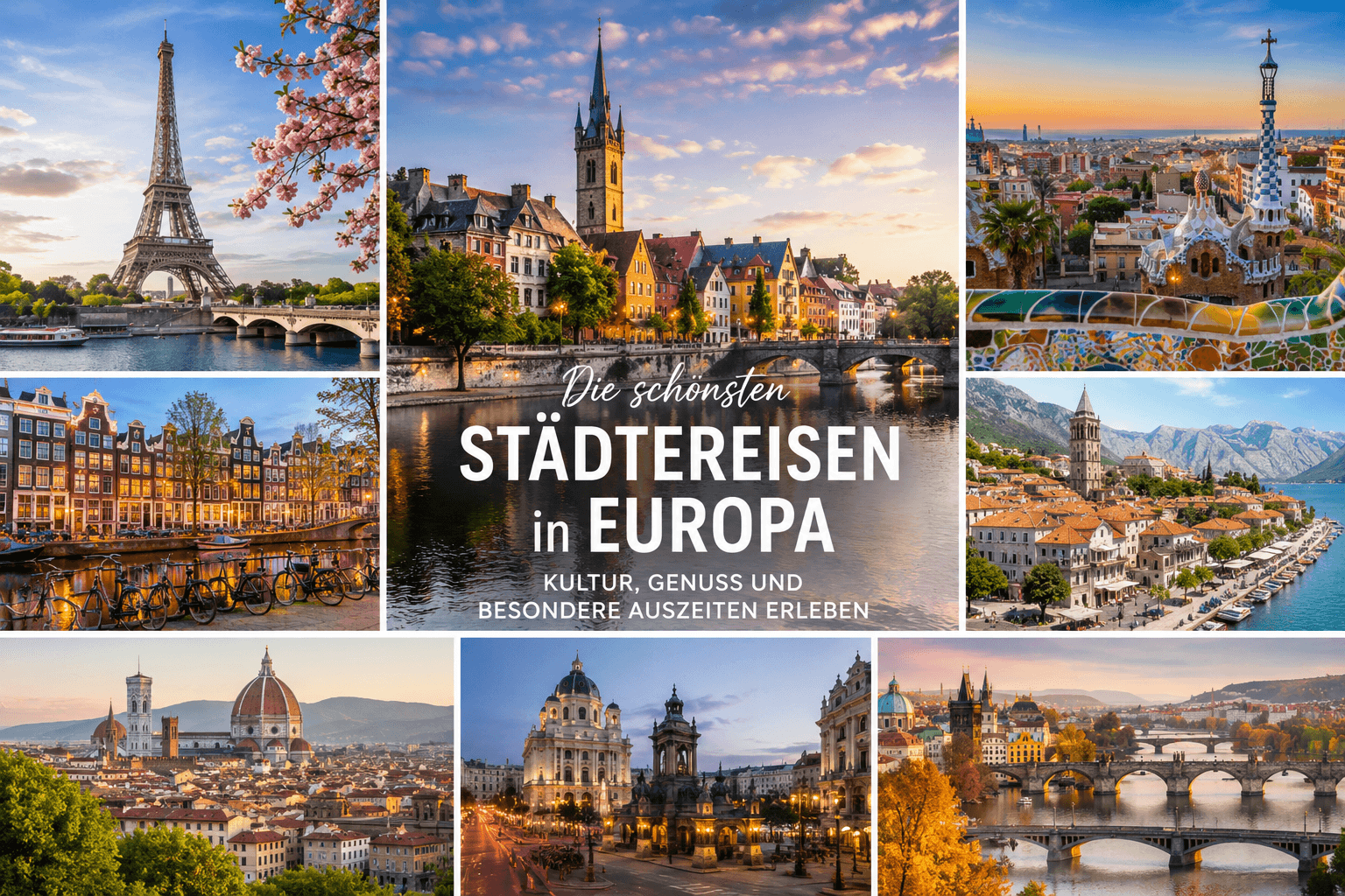 Collage europäischer Städtereisen mit bekannten Sehenswürdigkeiten, historischen Altstädten und kulturellen Reisezielen