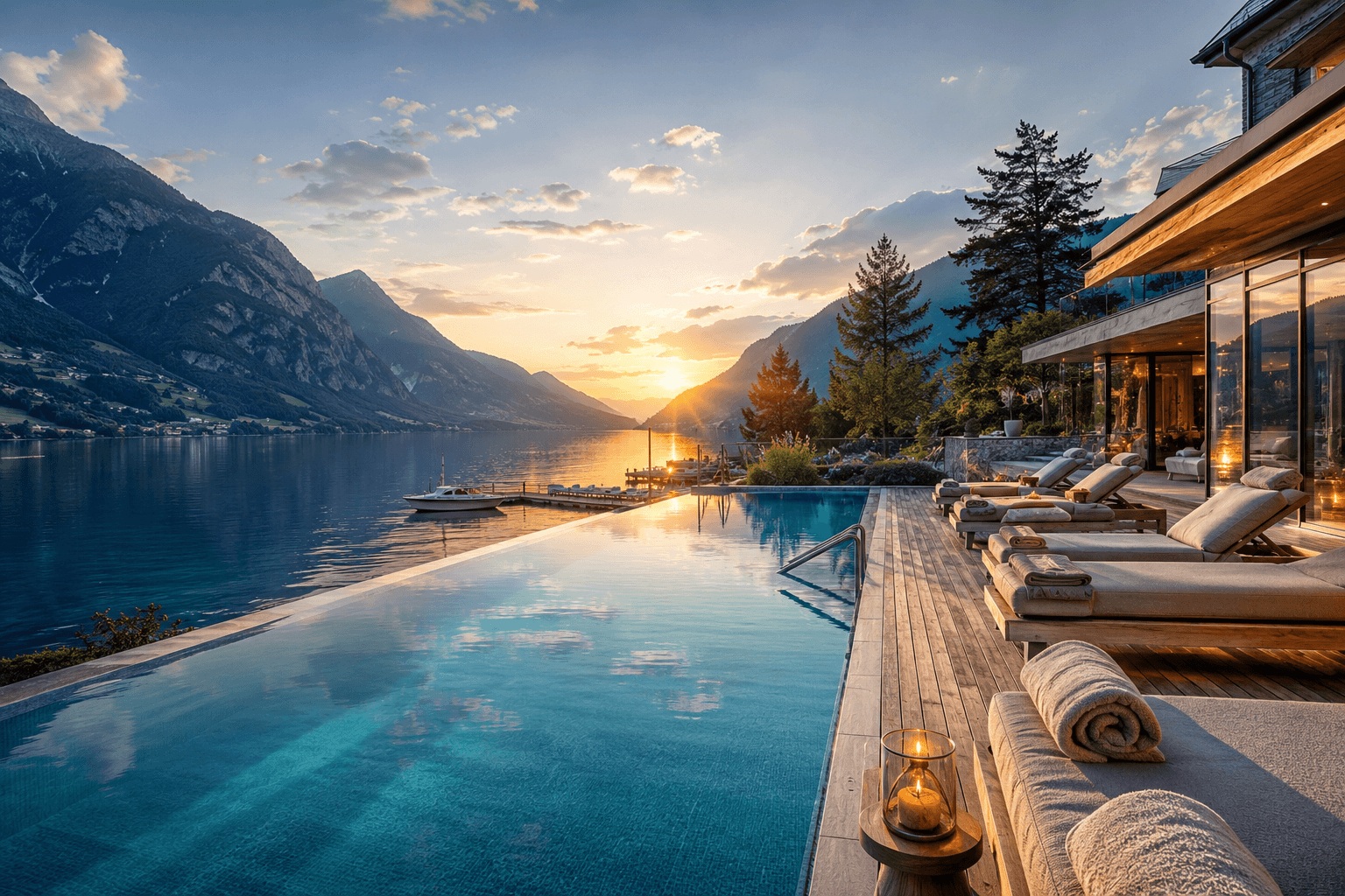Luxuriöses Wellnesshotel am See mit Infinity Pool und Alpenpanorama bei Sonnenuntergang